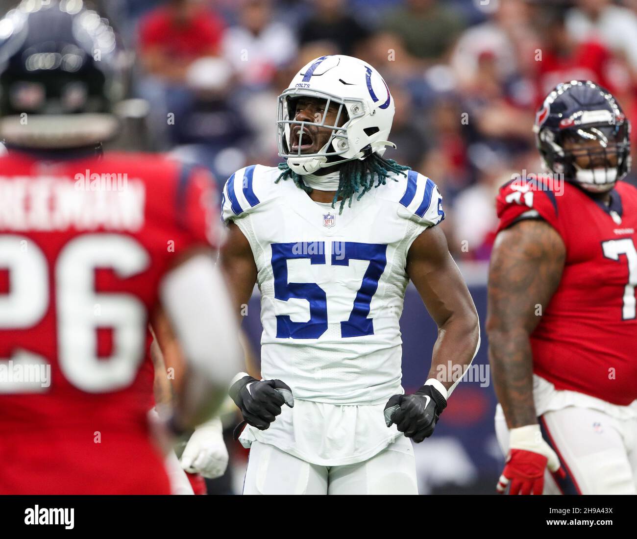 Houston, Texas, USA. Houston, Texas, USA. December 5, 2021: Indianapolis  Colts defensive end Kemoko Turay (57) celebrates after a sack during an NFL  game between the Texans and the Colts on December