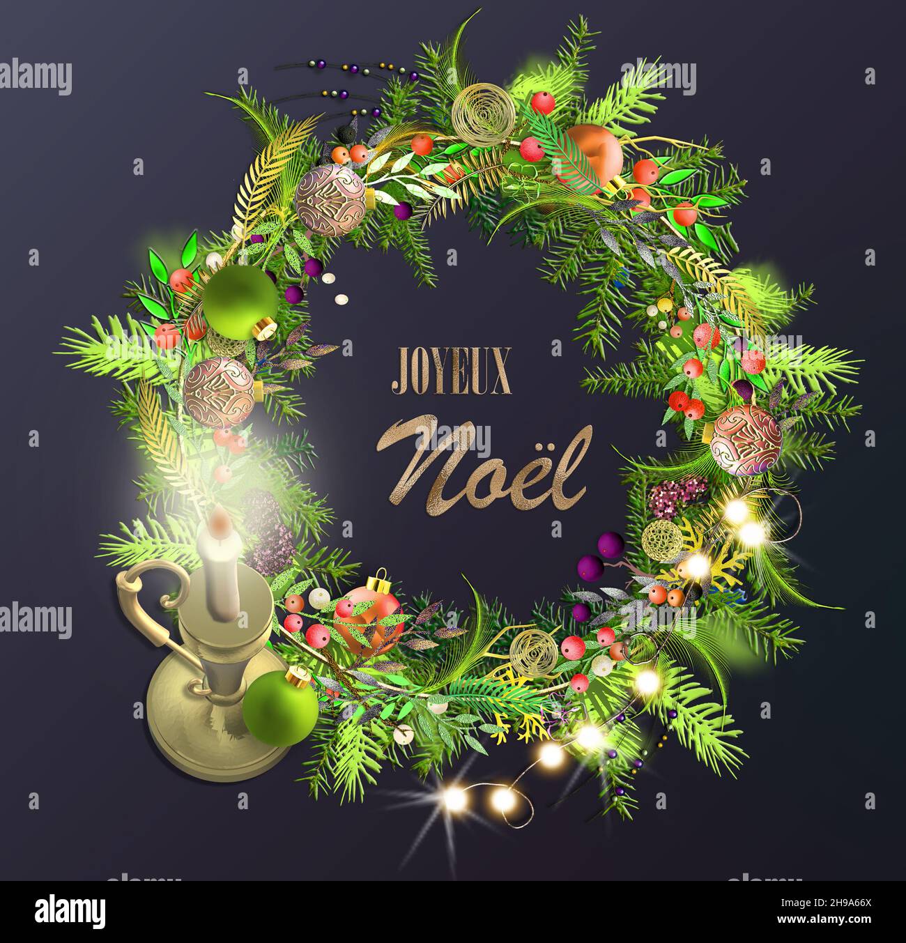 French Joyeux Noel English translation Merry Christmas. Xmas greeting card  French golden text, Bright wreath with baubles, festive decoration pine  branches over dark blue. 3D illustration Stock Photo - Alamy
