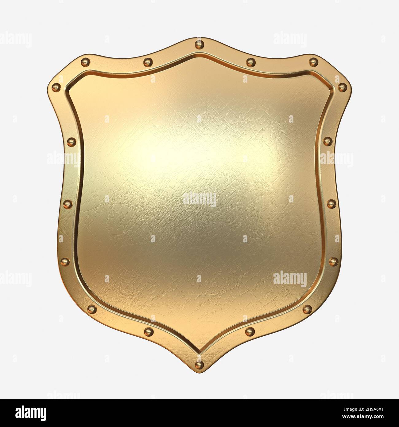 Golden shield 3D rendering illustration isolated on white background ...
