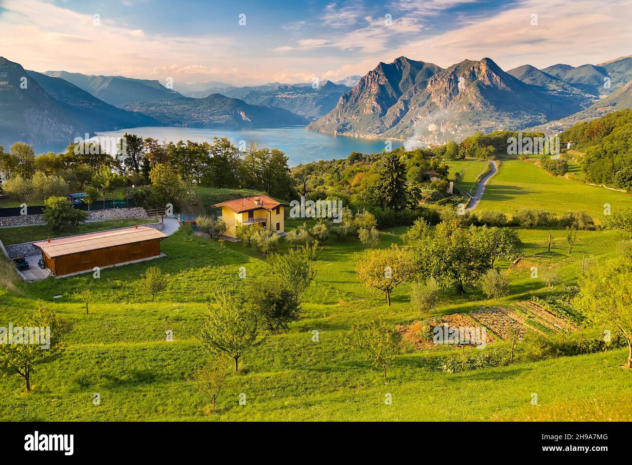 The island is in the center of Lake Iseo and the commune of Monte Isola in Italy, in the province of Brescia area of Lombardy. Stock Photo