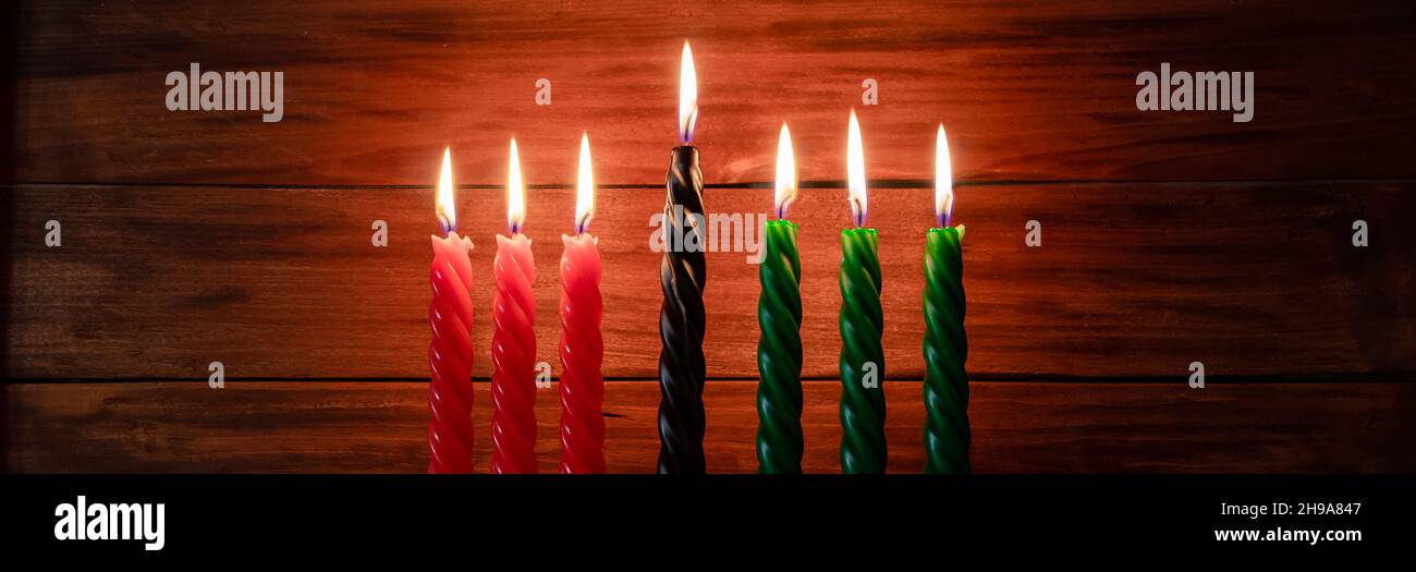Celebration of African American Kwanzaa festival. Seven burning candles