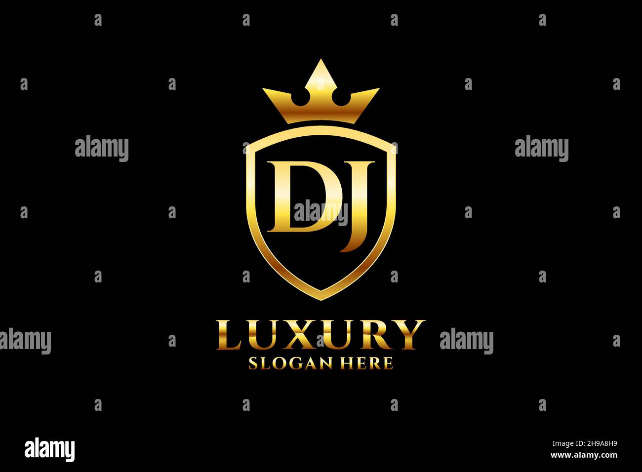 DJ elegant luxury monogram logo or badge template with scrolls and royal crown - perfect for luxurious branding projects Stock Vector