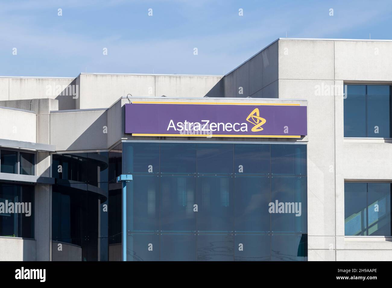 West Chester - Circa December 2021: AstraZeneca plant. AstraZeneca has been working on a vaccine for the Coronavirus and COVID-19 plus Parkinson’s dis Stock Photo