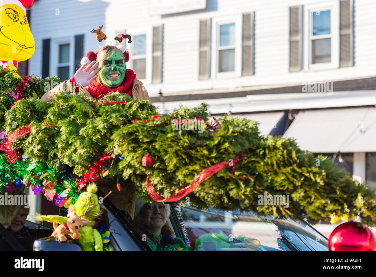 The Grinch at the Christmas and Holiday Parade in Maynard