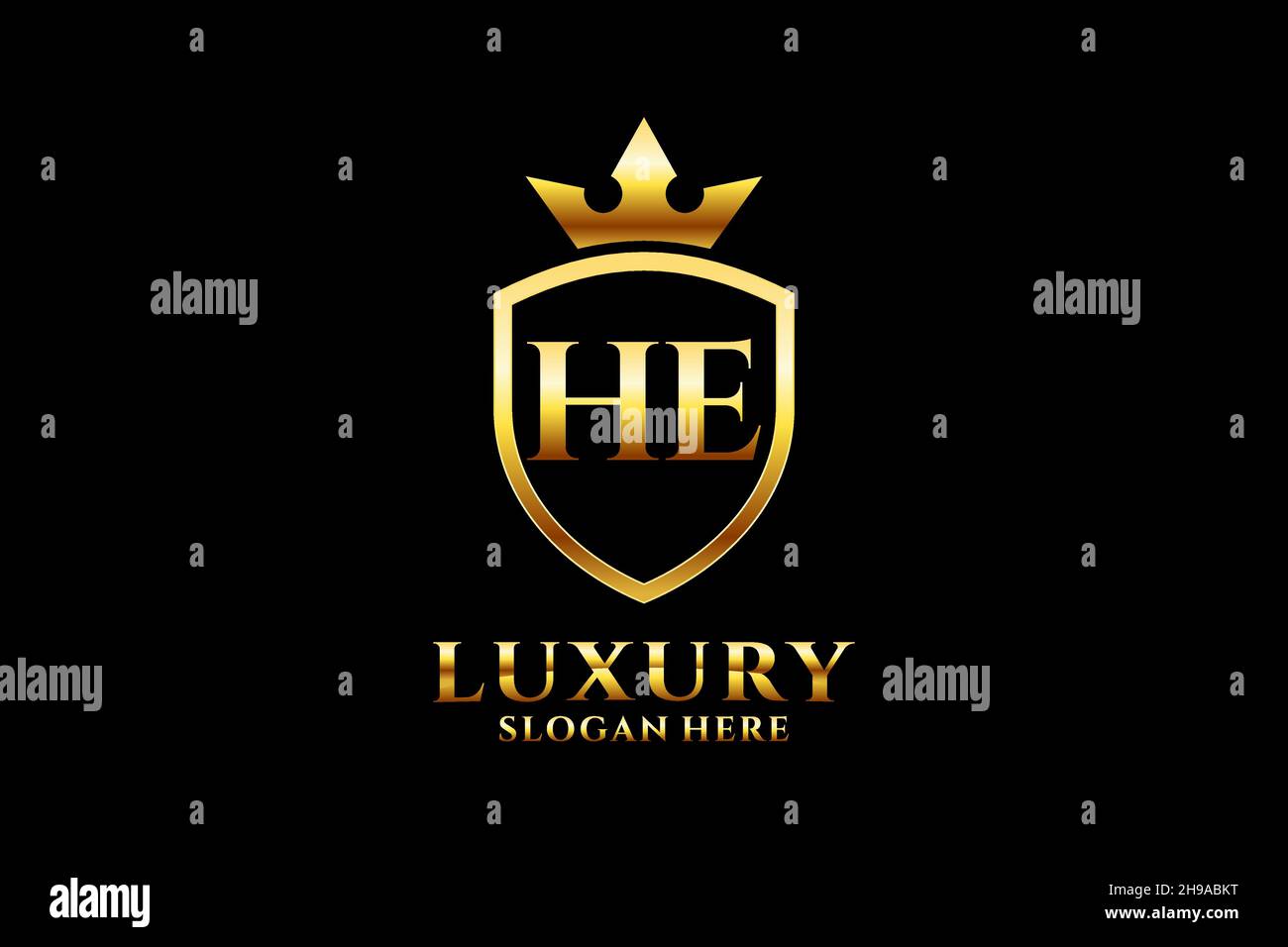 HE elegant luxury monogram logo or badge template with scrolls and royal crown - perfect for luxurious branding projects Stock Vector