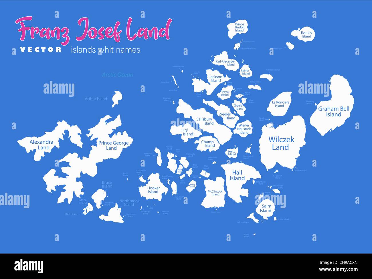 Franz Josef Land map, island whit names, blue background vector Stock Vector Image & Art Alamy
