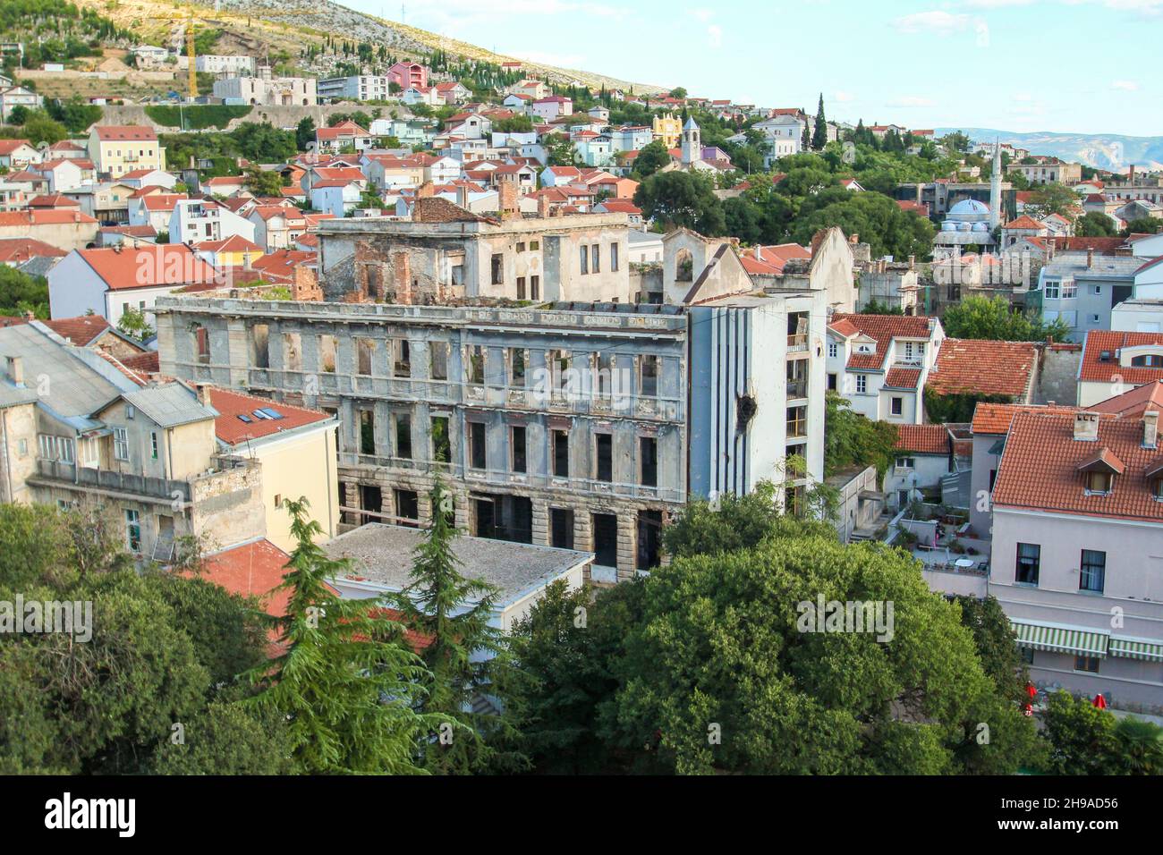 Old destroyed building in downtown Mostar after Yugoslavian war, Bosnia and Herzegovina Stock Photo