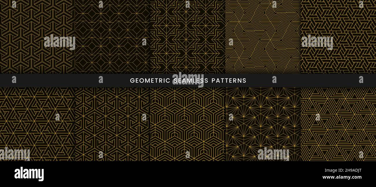 Set of geometric seamless pattern polygonal shape. Luxury with shiny gold lines on dark background Stock Vector