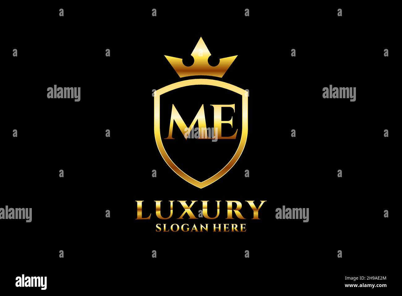 ME elegant luxury monogram logo or badge template with scrolls and royal crown - perfect for luxurious branding projects Stock Vector