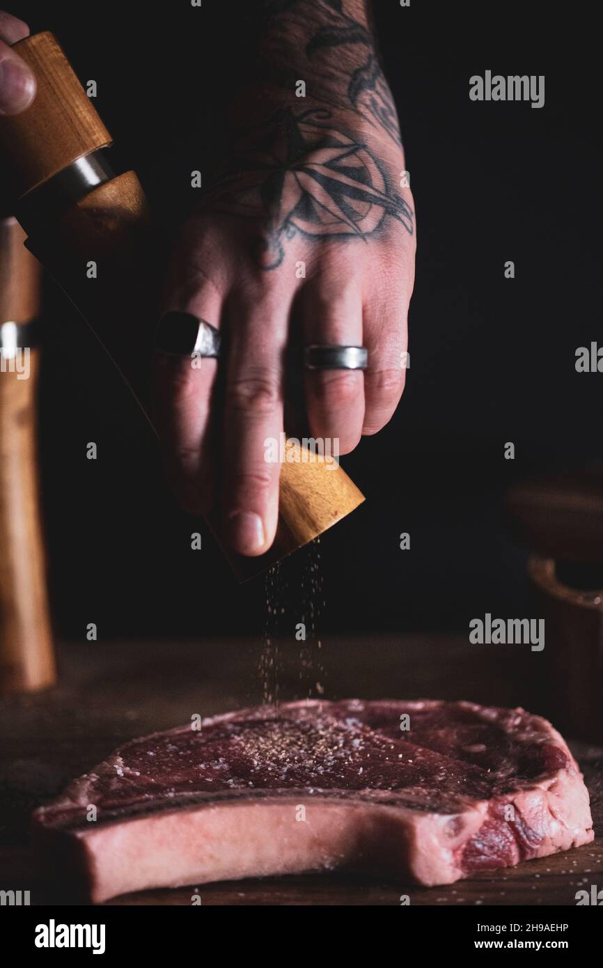 Ribeye Steak Prep Pepper Grinder Stock Photo Alamy