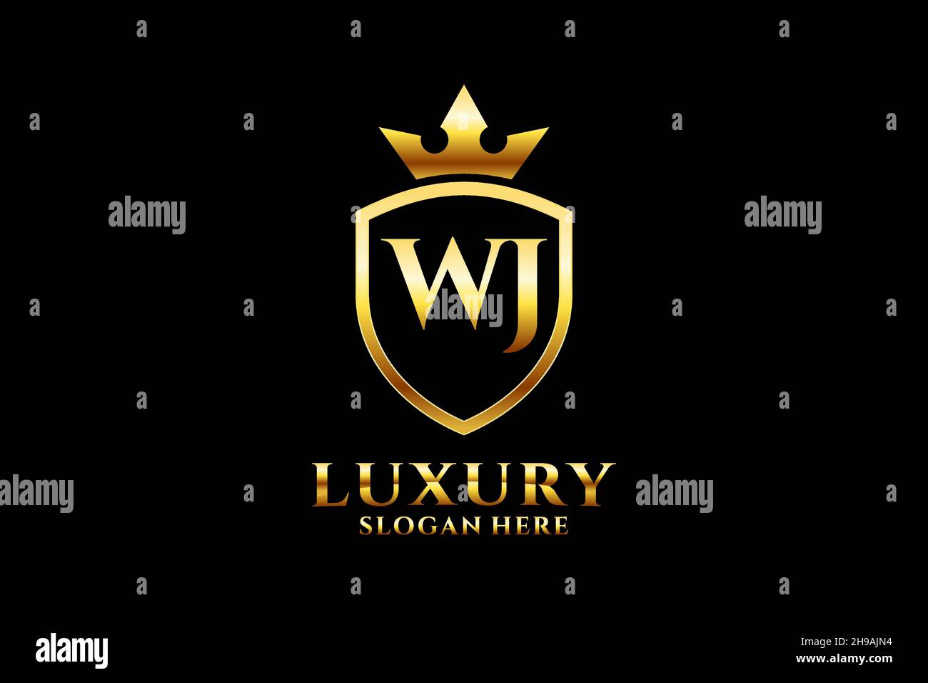 WJ elegant luxury monogram logo or badge template with scrolls and royal crown - perfect for luxurious branding projects Stock Vector