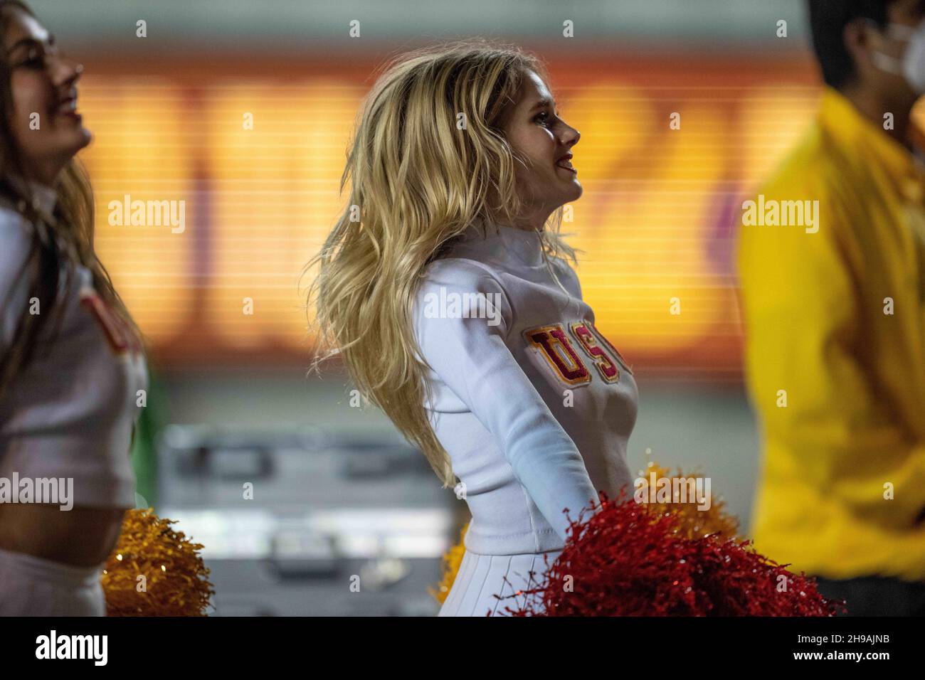 USC Trojans cheerleader performs during a time out against the California Golden Bears during the third quarter in San Francisco, Saturday December 4, Stock Photo