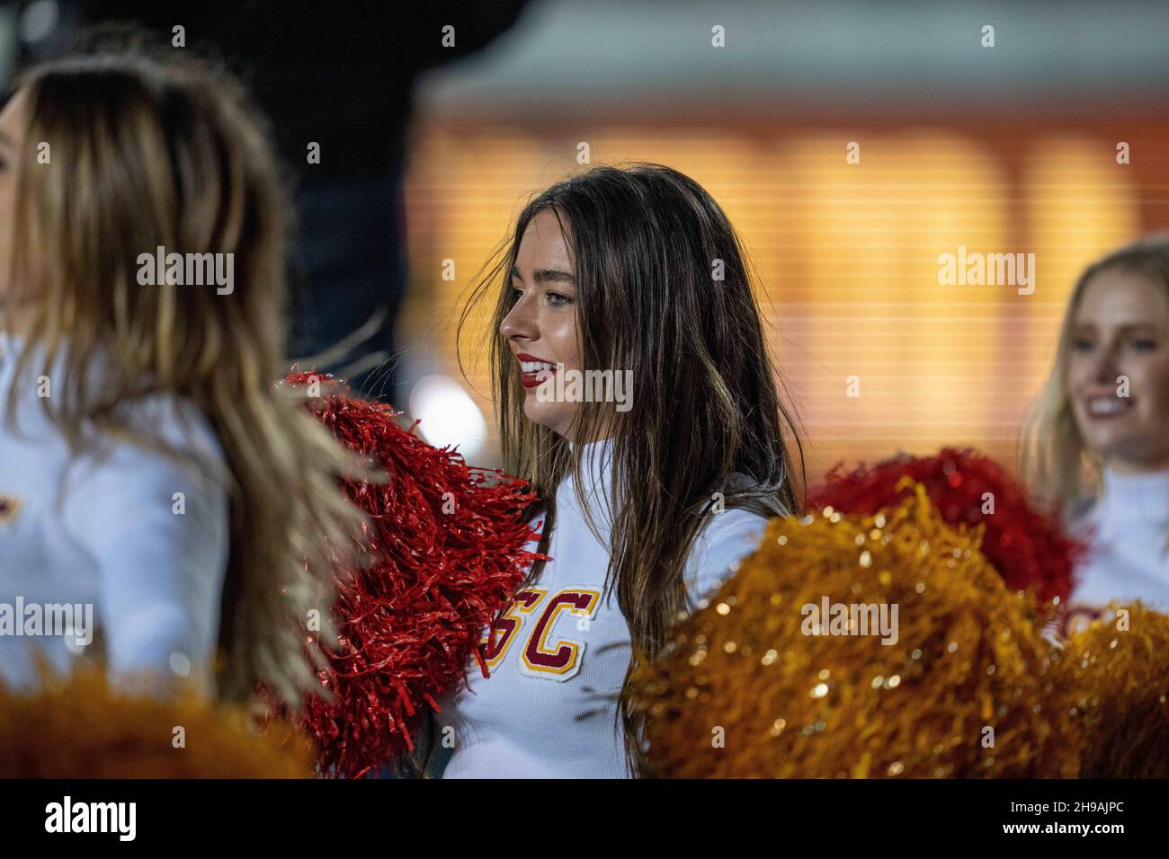 USC Trojans cheerleader performs during a time out against the California Golden Bears during the third quarter in San Francisco, Saturday December 4, Stock Photo