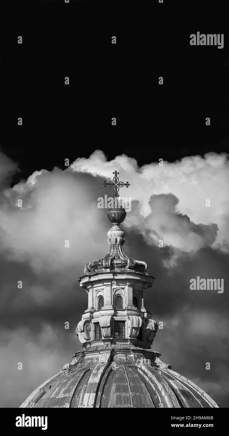 Baroque art in Rome. Saints Luca and Martina beautiful baroque dome and lantern, built in the 17th century, among clouds (Black and White with copy sp Stock Photo