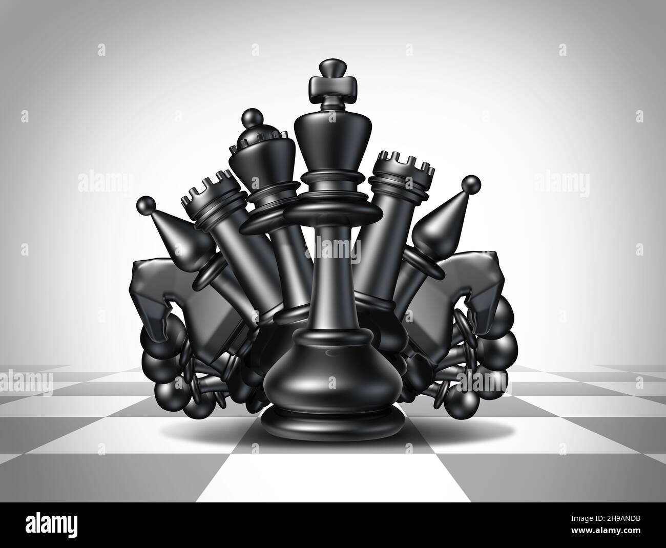 Leadership team support as a leader with group members supporting the leader as a chess board with a king queen and rook with bishop and pawn. Stock Photo