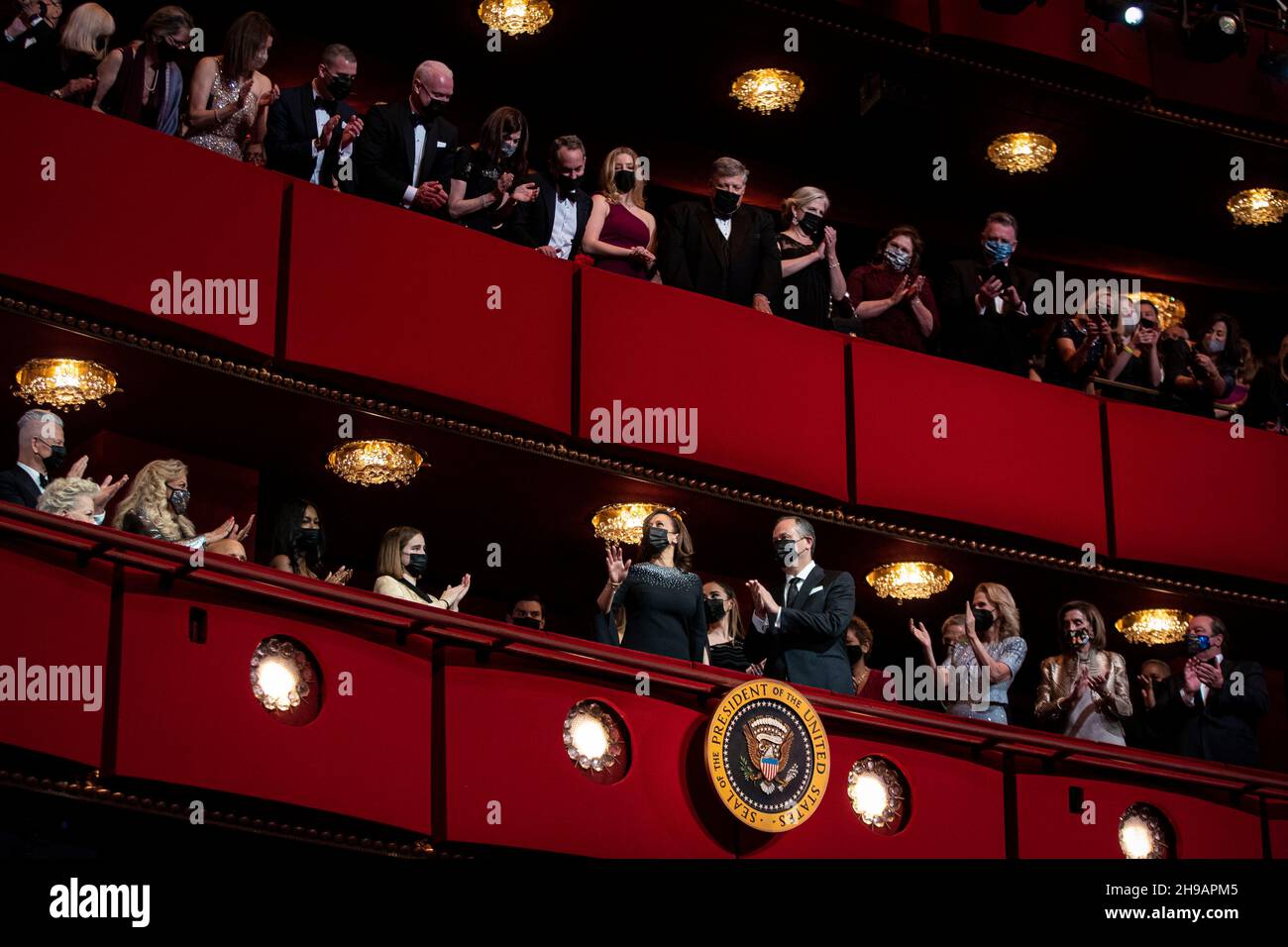 Washington, USA. 05th Dec, 2021. U.S. Vice President Kamala Harris, and Second Gentleman Douglas Emhoff arrives during the 44th Kennedy Center Honors at the John F. Kennedy Center for the Performing Arts in Washington, DC, U.S., on Sunday, Dec. 5, 2021. The 44th Honorees for lifetime artistic achievements include operatic bass-baritone Justino Diaz, Motown founder Berry Gordy, Saturday Night Live creator Lorne Michaels, actress Bette Midler, and singer-songwriter Joni Mitchell. Photographer: Al Drago/Pool/Sipa USA Credit: Sipa USA/Alamy Live News Stock Photo