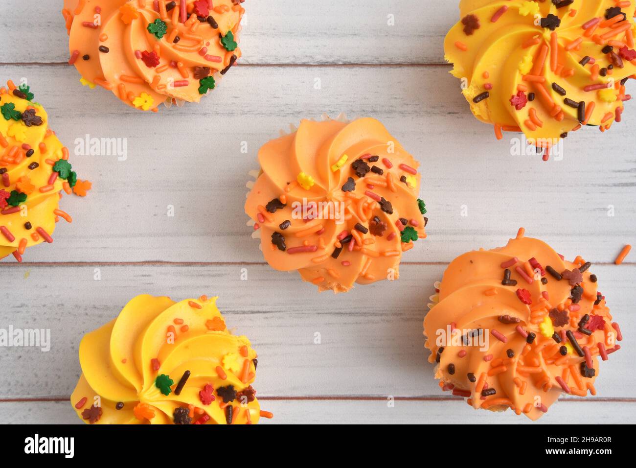 Festive holiday or Halloween cupcakes on a rustic white wooden table, overhead view Stock Photo