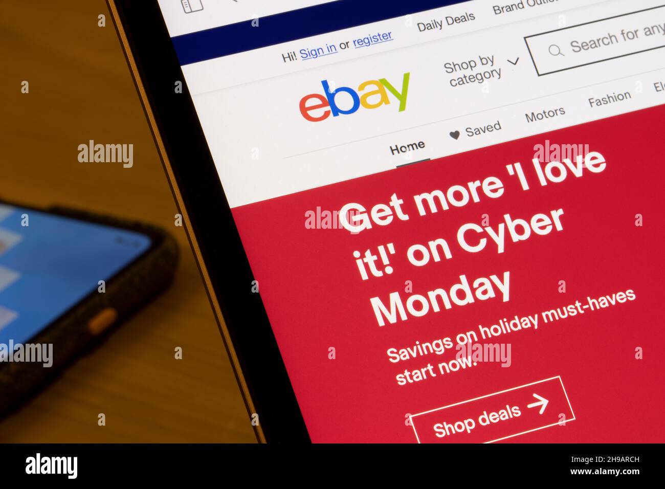 Closeup of eBay's homepage with Cyber Monday ads on a laptop computer on Sunday, November 28, 2021. Stock Photo