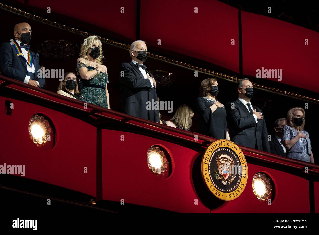 U.S. President Joe Biden, U.S. First Lady Jill Biden, U.S. Vice President Kamala Harris, and Second Gentleman Douglas Emhoff stand for the National Anthem during the 44th Kennedy Center Honors at the John F. Kennedy Center in Washington, DC on Sunday, December. 5, 2021. The John F. Kennedy Center for the Performing Arts 44th Honorees for lifetime artistic achievements include operatic bass-baritone Justino Diaz, Motown founder Berry Gordy, Saturday Night Live creator Lorne Michaels, actress Bette Midler, and singer-songwriter Joni Mitchell. Photo by Al Drago/UPI Stock Photo