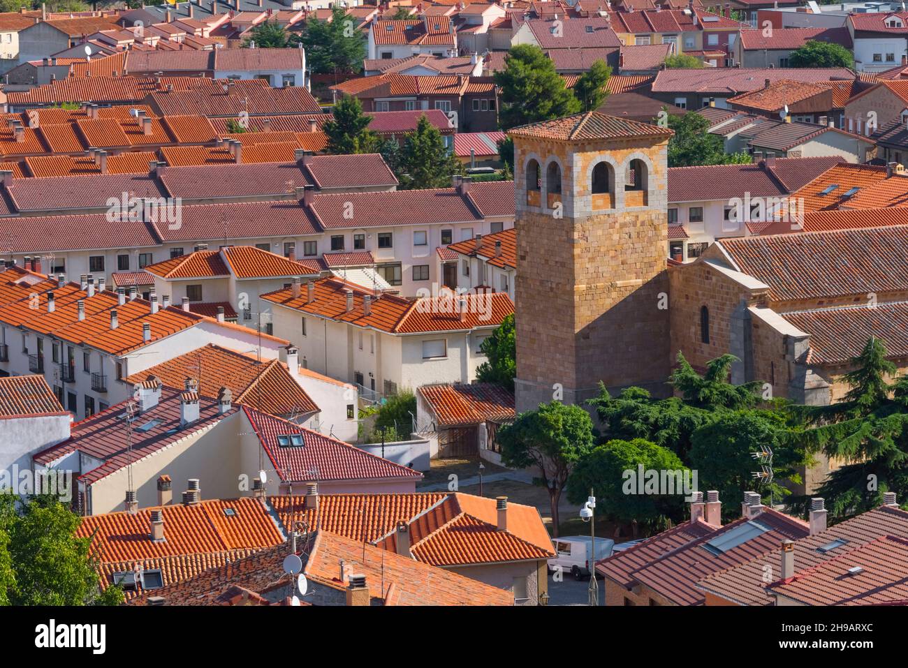 Old houses with red roof within the medieval town walls of Avila (UNESCO World Heritage site), Avila Province, Castile and Leon Autonomous Community, Stock Photo