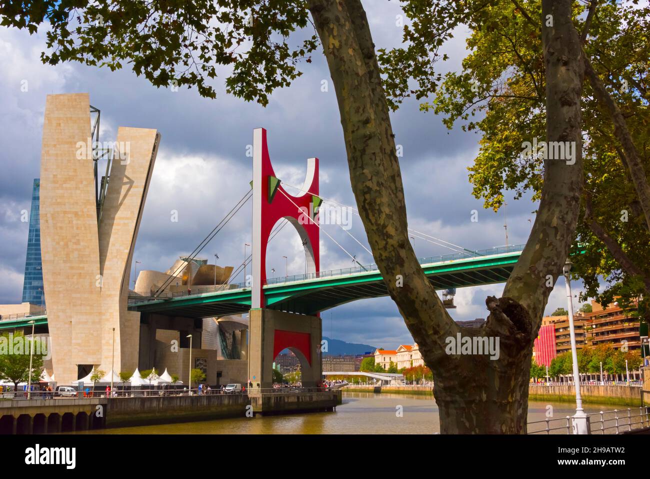 La Salve Bridge on Nervion River with part of Guggenheim Museum, Bilbao, Biscay Province, Basque County Autonomous Community, Spain Stock Photo