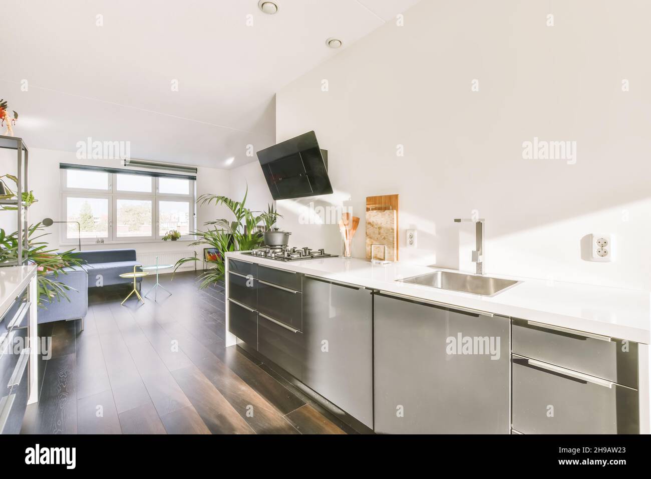 Attractive kitchen with stylish and modern black range hood Stock Photo