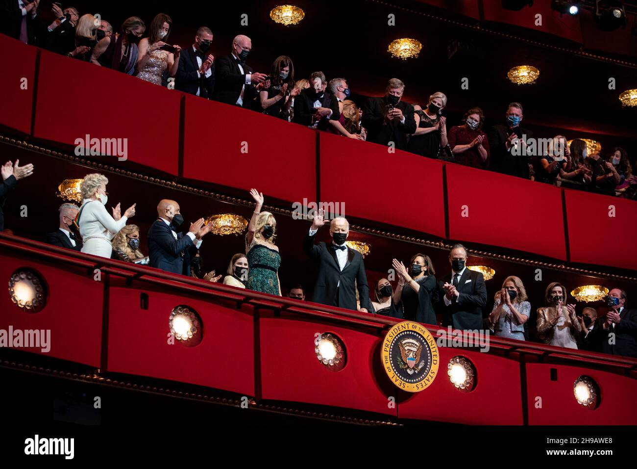 U.S. President Joe Biden, U.S. First Lady Jill Biden, U.S. Vice President Kamala Harris, and Second Gentleman Douglas Emhoff arrive during the 44th Kennedy Center Honors at the John F. Kennedy Center for the Performing Arts in Washington, DC, U.S., on Sunday, Dec. 5, 2021. The 44th Honorees for lifetime artistic achievements include operatic bass-baritone Justino Diaz, Motown founder Berry Gordy, Saturday Night Live creator Lorne Michaels, actress Bette Midler, and singer-songwriter Joni Mitchell. Credit: Al Drago/Pool via CNP /MediaPunch Stock Photo