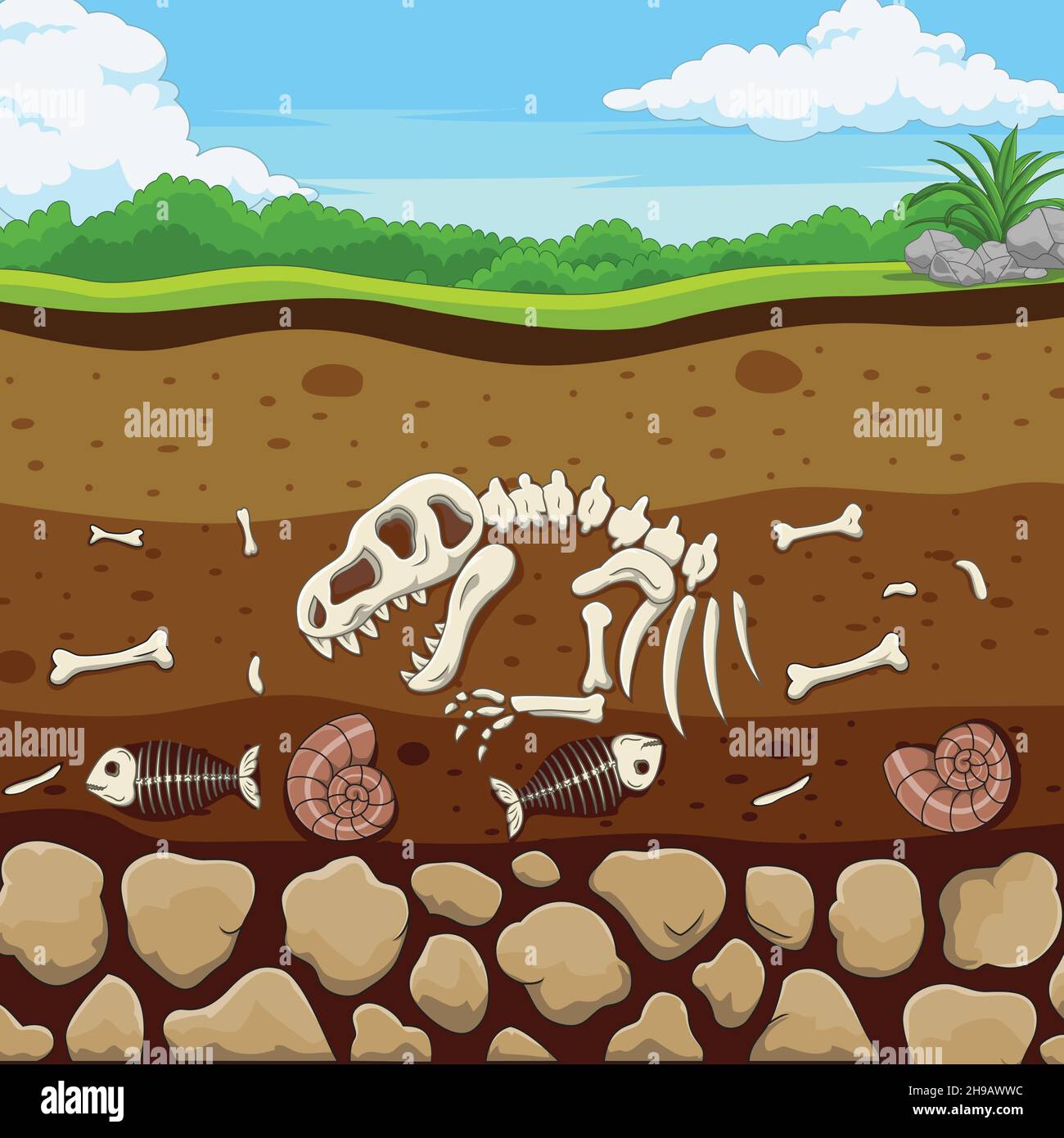 Cartoon fossil animals with dinosaur, fish, bone and shell Stock Vector