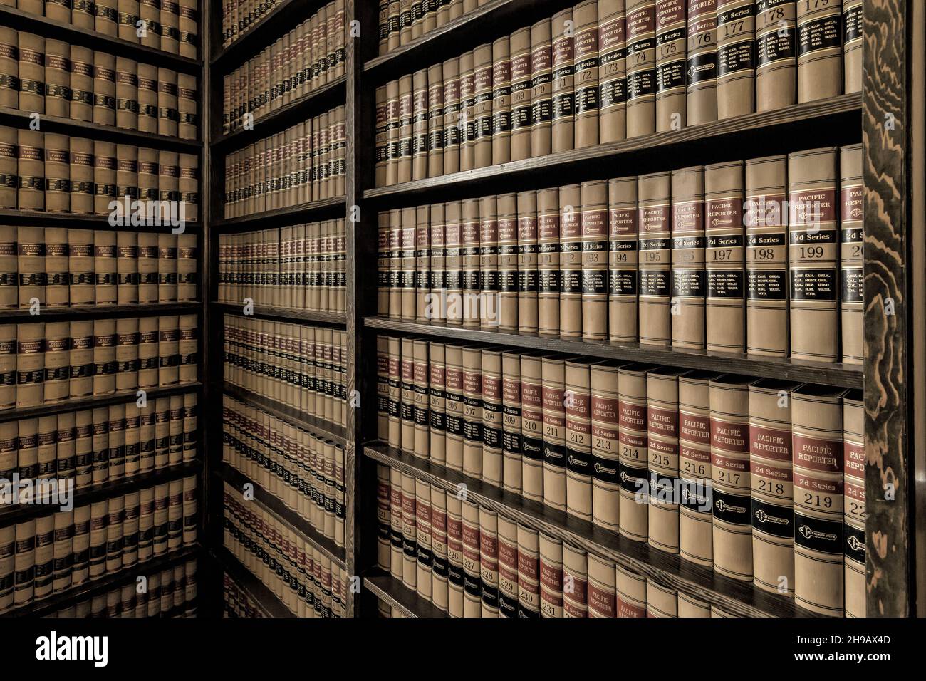 Law books in a corner of a courtroom in the Pacific County Courthouse ...