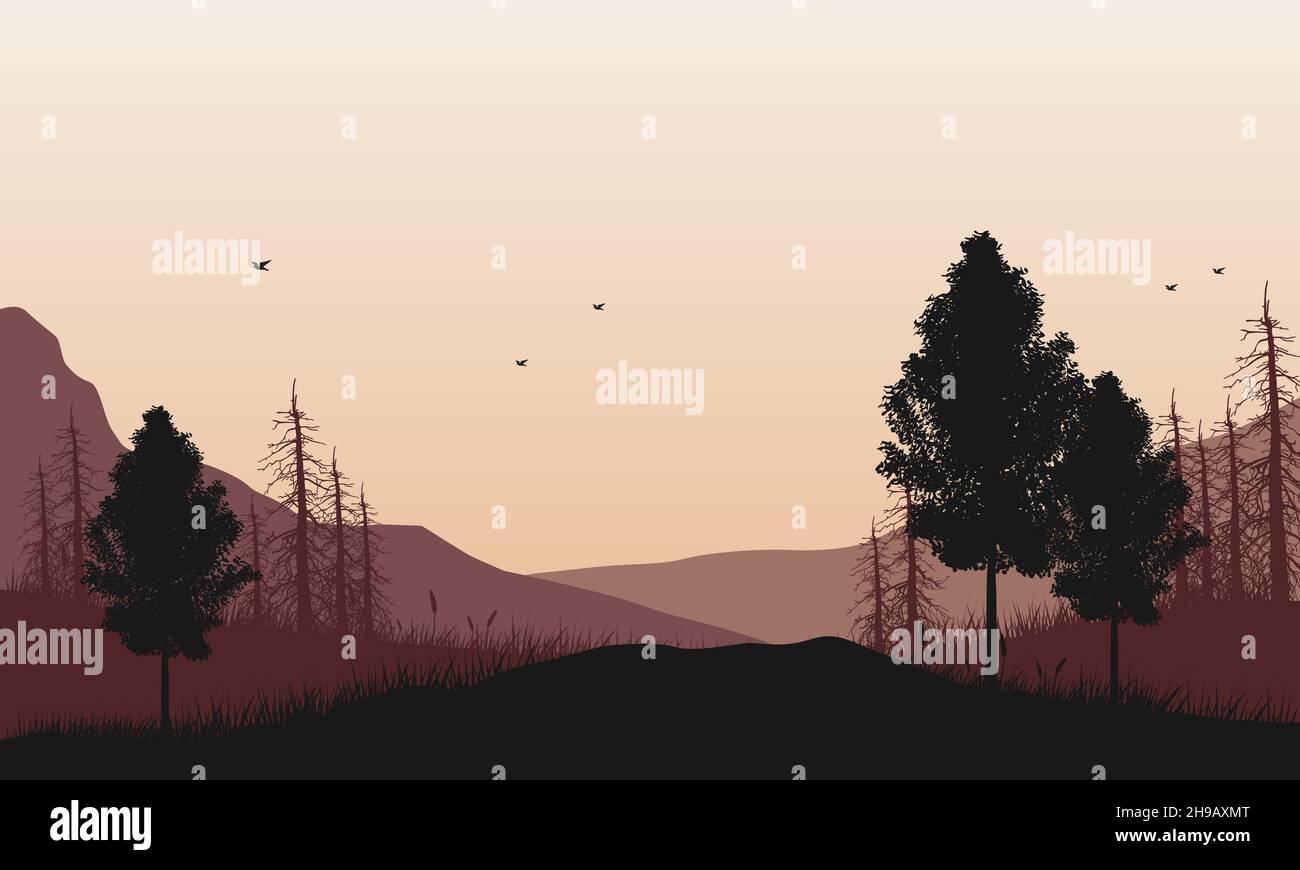 Pdusk Vector What a beautiful view of the mountains from the village city at dusk ...