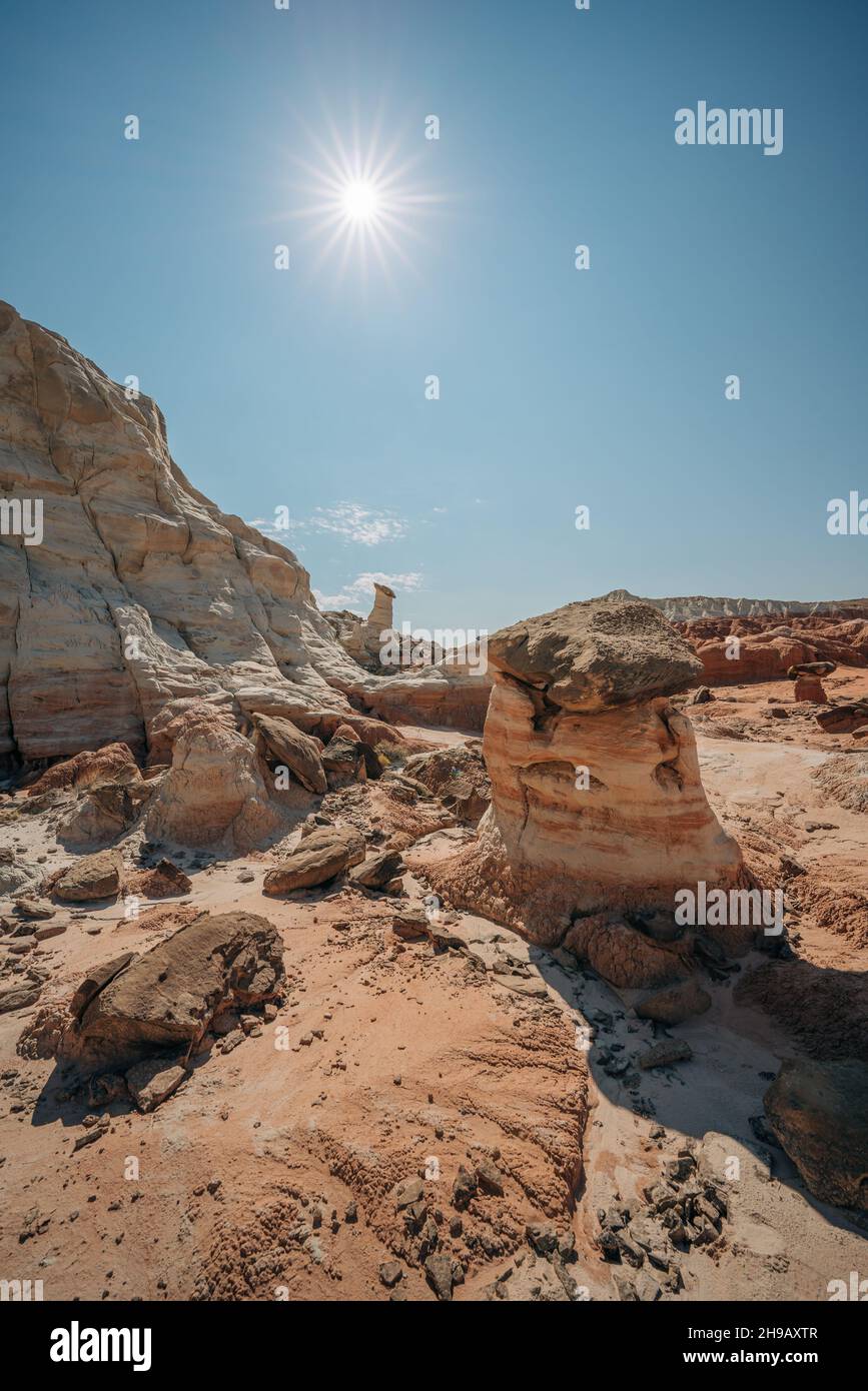 Grand Staircase-Escalante national monumen, Utah. Toadstools, an amazing balanced rock formations which look like mushrooms. Hiking in desert, enchant Stock Photo