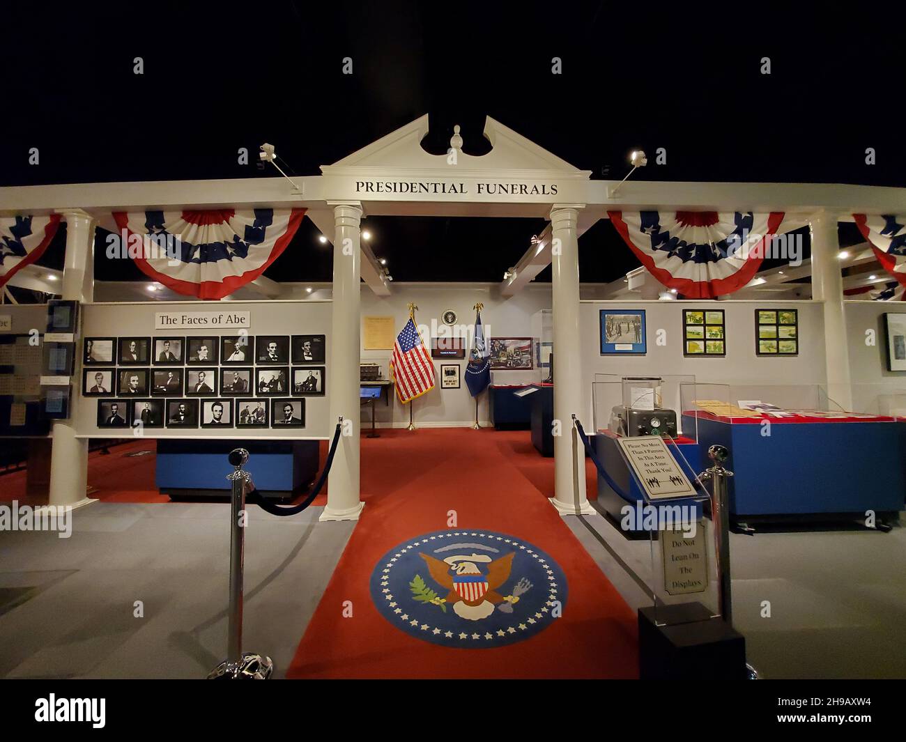 Entrance to the Presidential Funeral Exhibit at the National Museum of Funeral History in Houston, Texas, with the presidential seal in the foreground Stock Photo