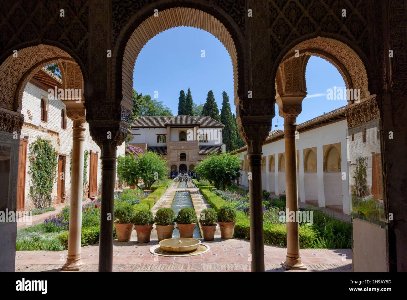 Palacio de Generalife and Patio de la Azequia in Alhambra, Granada, Granada Province, Andalusia Autonomous Community, Spain Stock Photo
