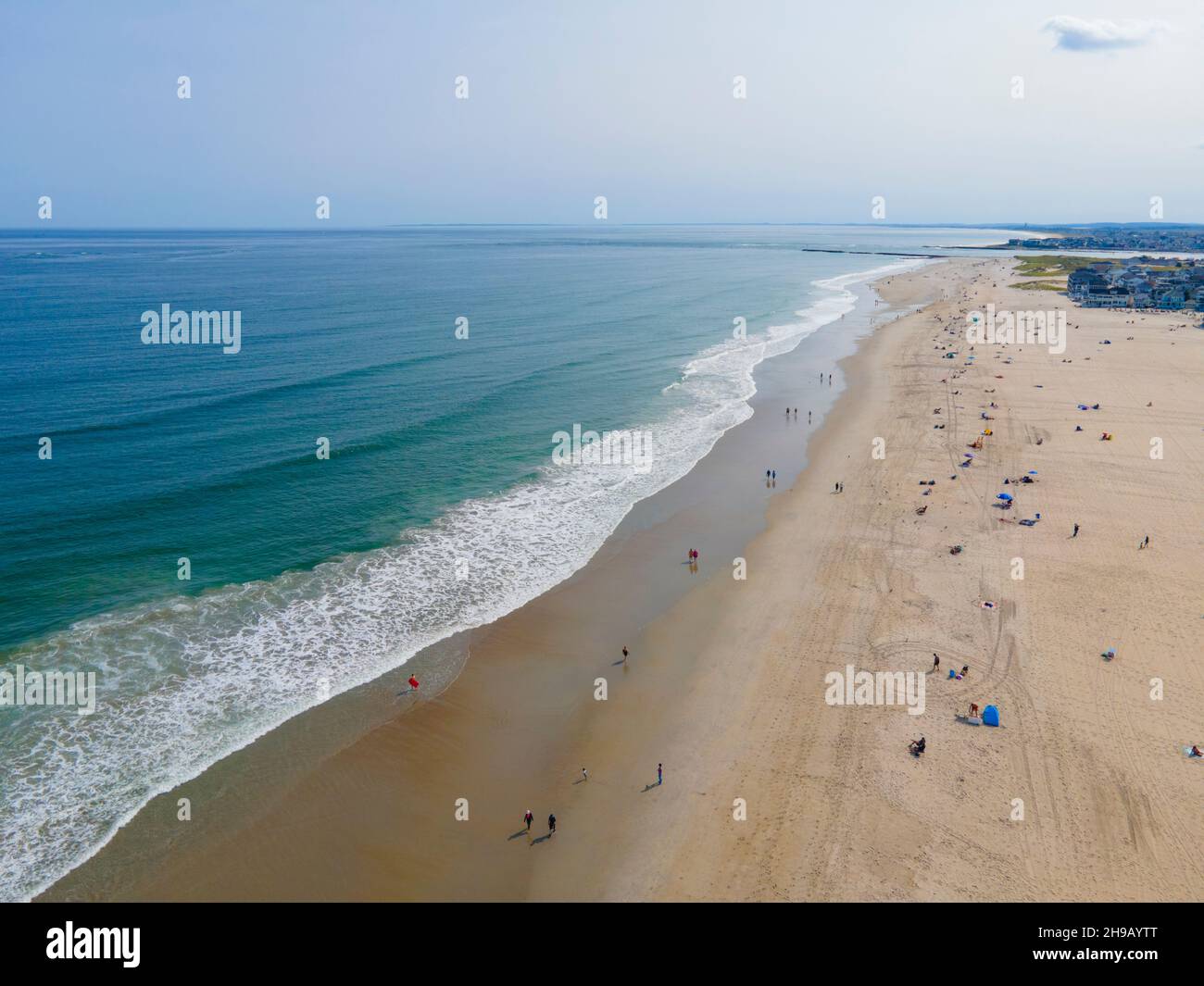 Hampton Beach aerial view including historic waterfront buildings on