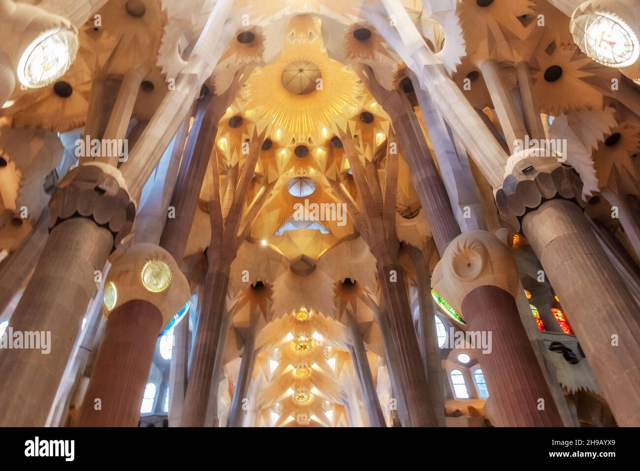 Interior of La Sagrada Familia by Gaudi, Barcelona, Barcelona Province, Catalonia Autonomous Community, Spain Stock Photo