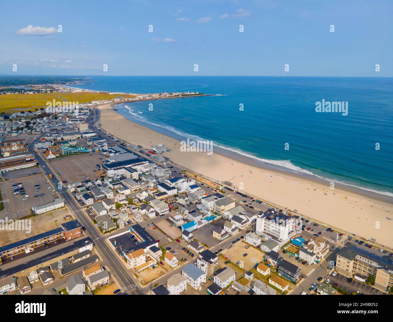 Hampton Beach aerial view including historic waterfront buildings on