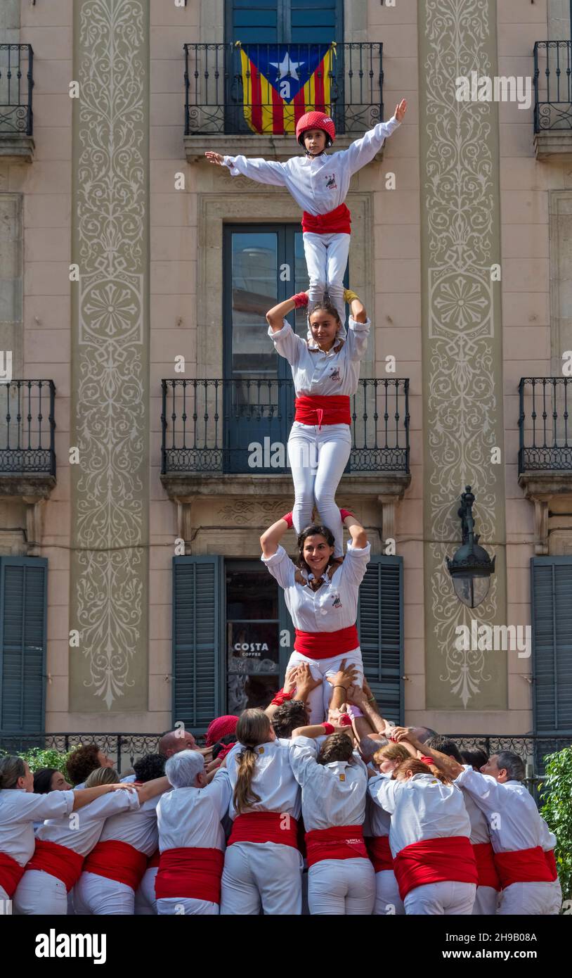 Castellers performance (human tower) celebrating La Merce, Barcelona, Barcelona Province, Catalonia Autonomous Community, Spain Stock Photo