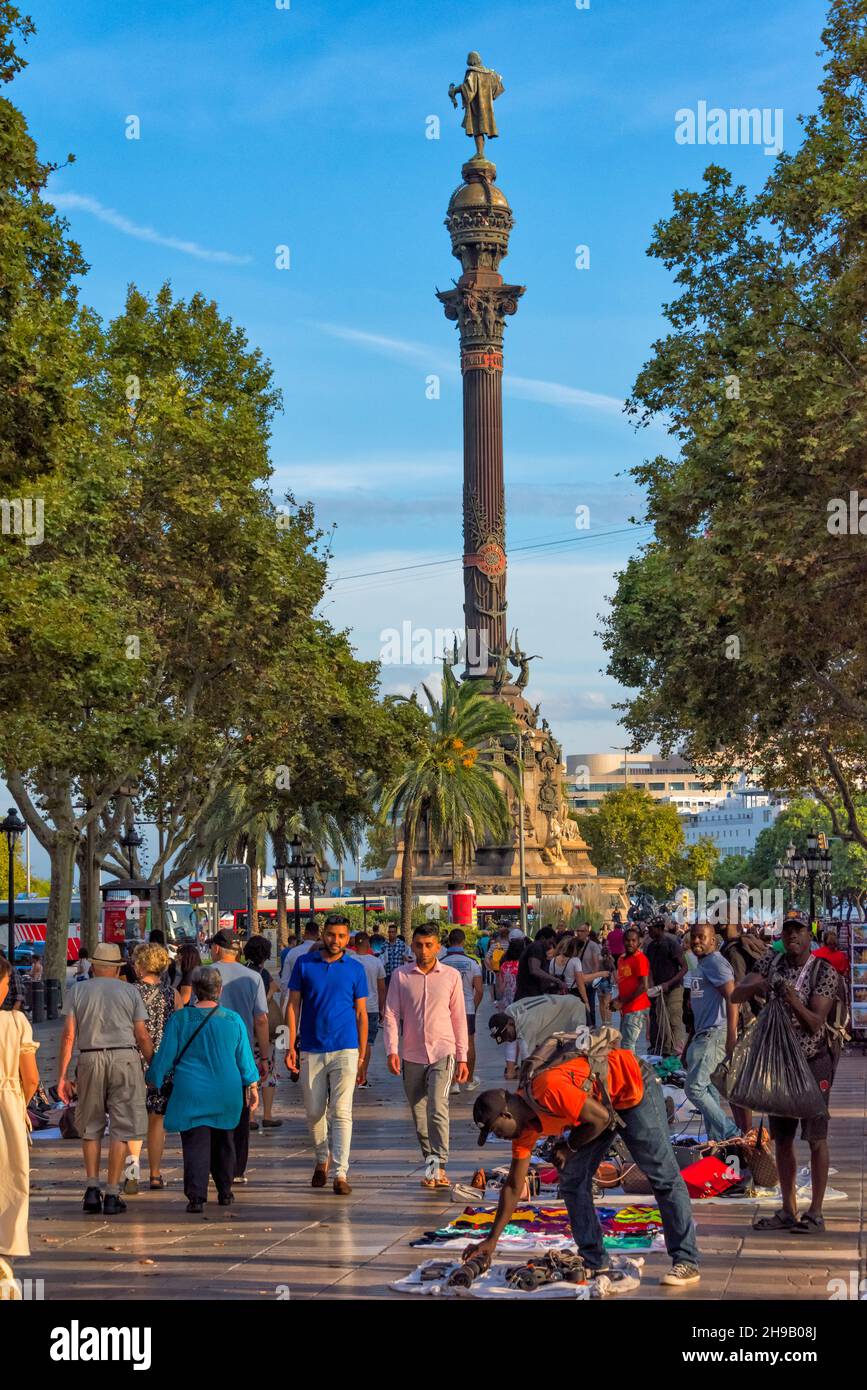 La Rambla, the most famous pedestrian street, and Columbus Monument at the end, Barcelona, Barcelona Province, Catalonia Autonomous Community, Spain Stock Photo