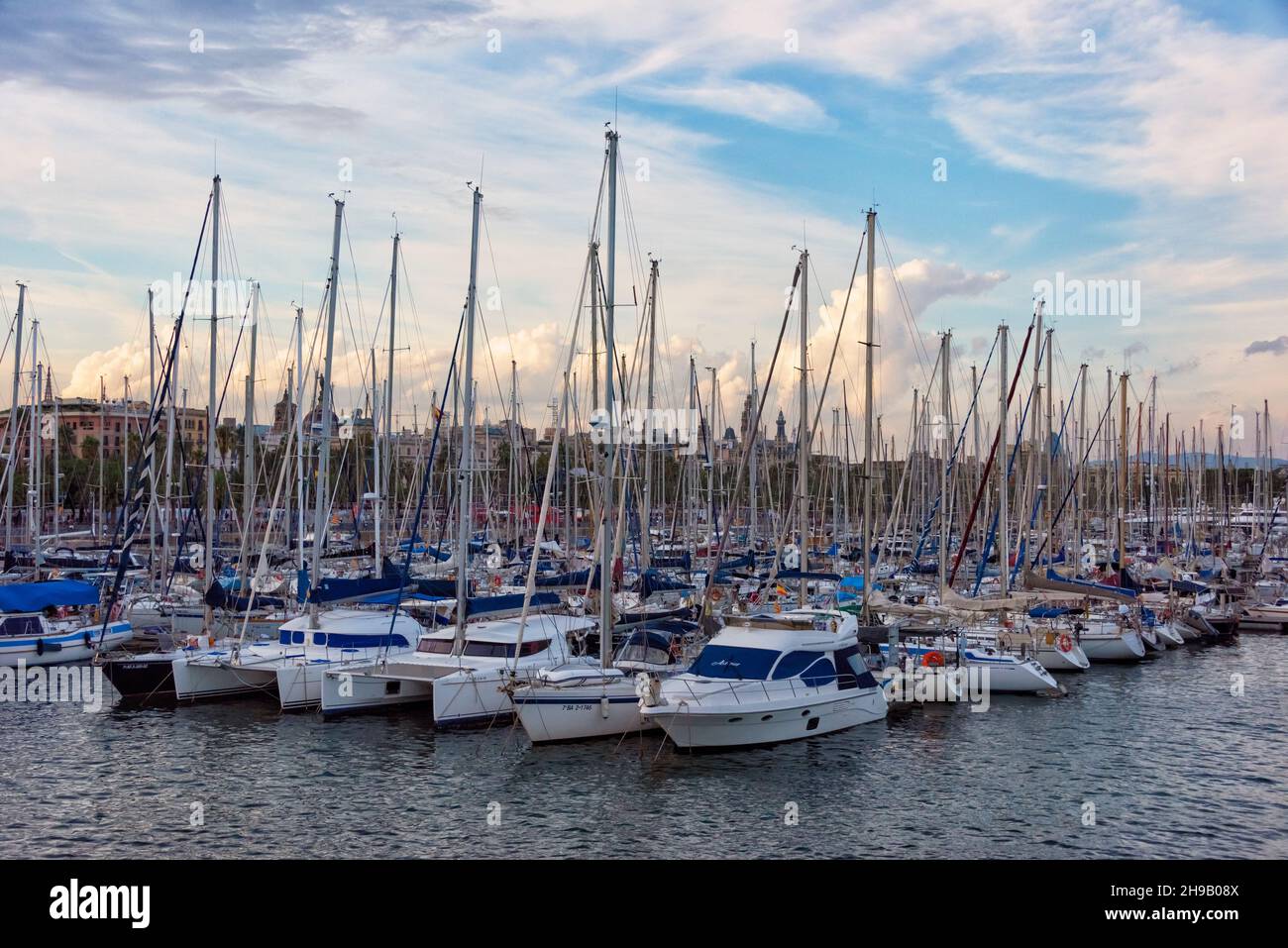 Sailboats in the harbor, Barcelona, Barcelona Province, Catalonia Autonomous Community, Spain Stock Photo