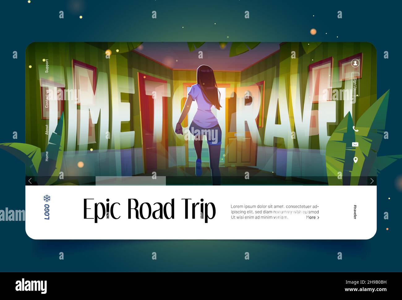 Epic road trip cartoon landing page. Woman escape home into open door with ocean view outside. Time to travel, freedom, adventure, journey concept with running girl rear view, Vector web banner Stock Vector