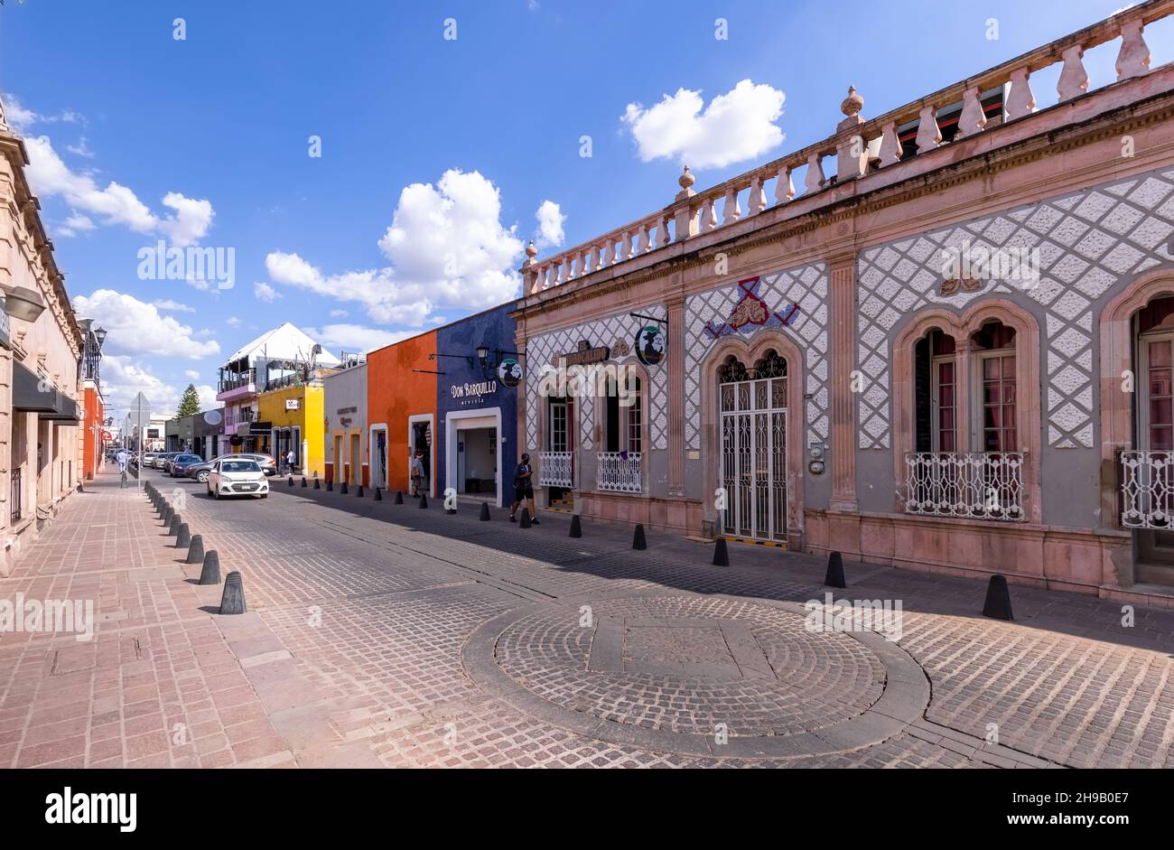 Aguascalientes, Mexico, 20 September, 2021: Central Mexico, Aguascalientes colorful streets and colonial houses in historic city center, one of the main city tourist attractions Stock Photo