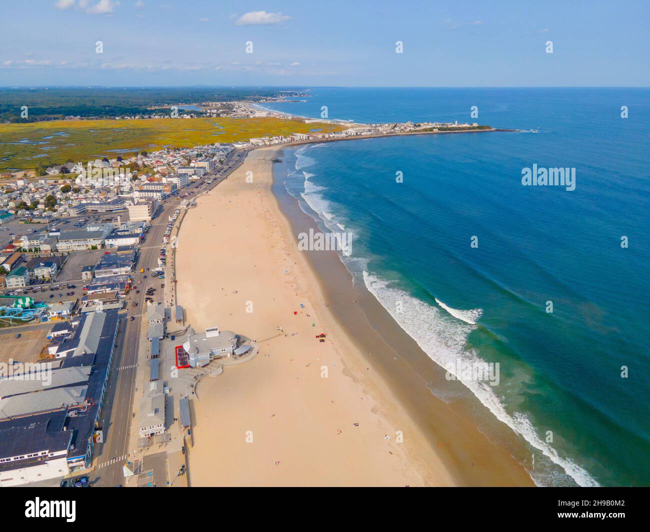 Hampton Beach aerial view including historic waterfront buildings on 