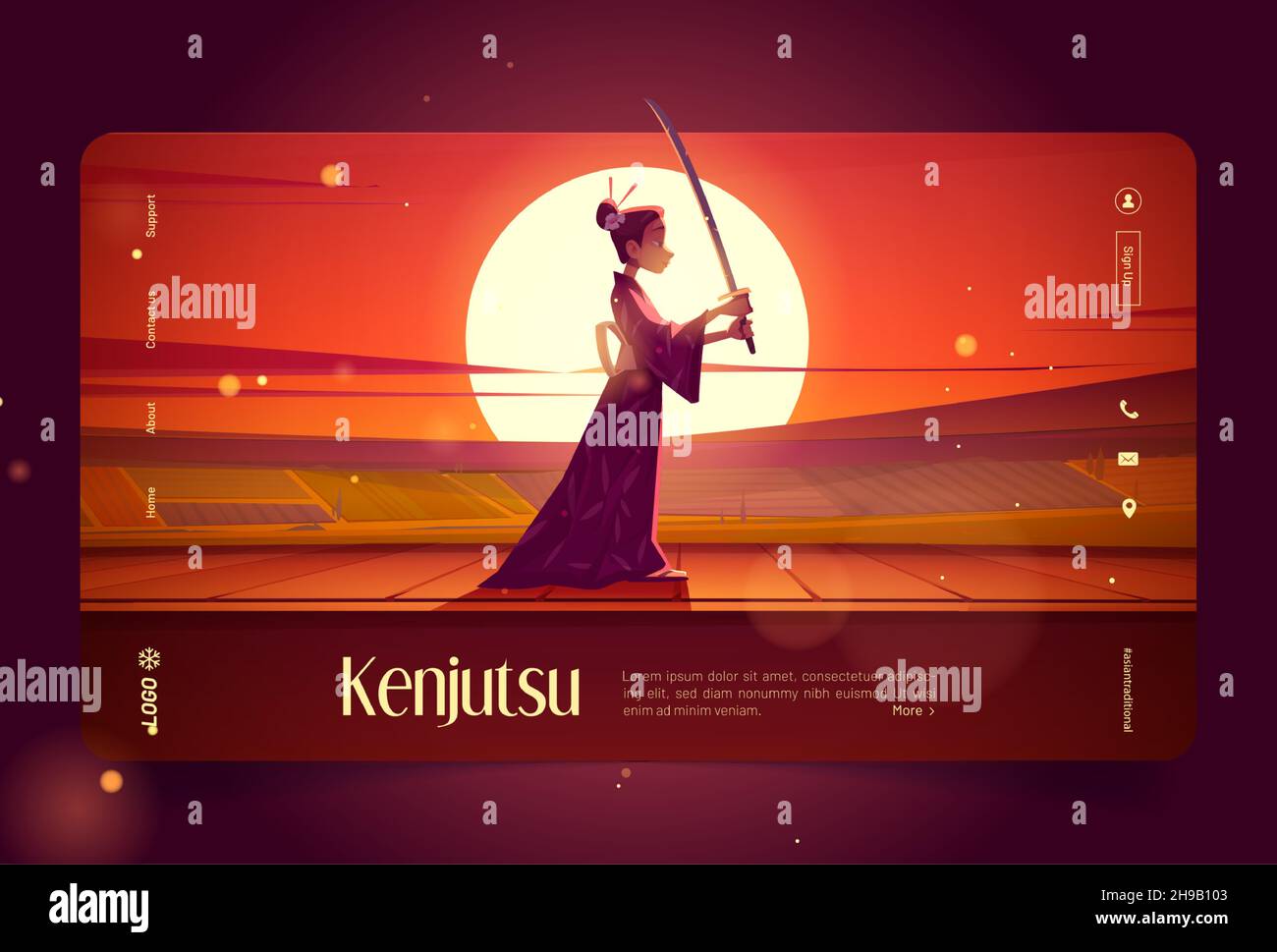 Kenjutsu, traditional japanese fencing art banner. Vector landing page of kendo, art of sword in Japan with cartoon illustration of girl in kimono with katana on background of sunset landscape Stock Vector