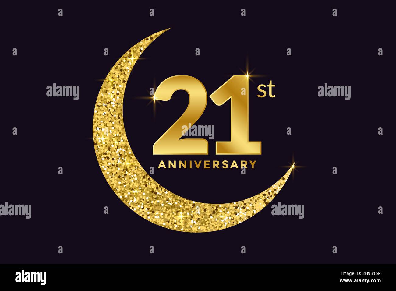 Twenty One Years Anniversary Celebration Golden Emblem in Black Background. Number 21 Luxury Style Banner Isolated Vector. Stock Vector