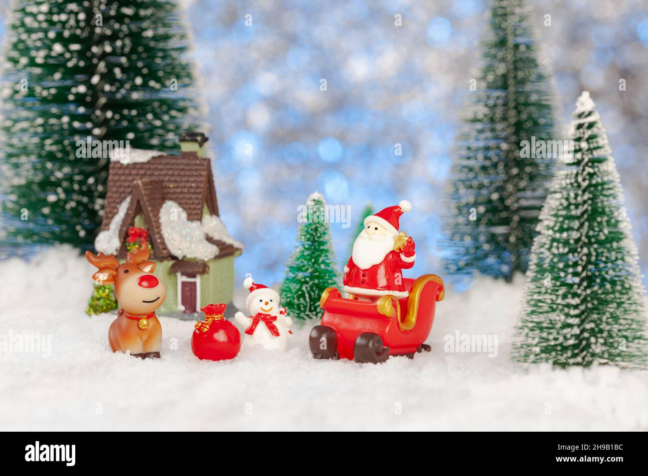 christmas greeting card, santa claus, snowman and reindeer with gifts ...