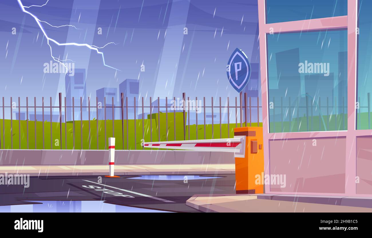 Parking security entrance at rainy weather, storm and lightnings. Closed private area access with fence, automatic car barrier, guardian booth, stop line and road sign, Cartoon vector illustration Stock Vector