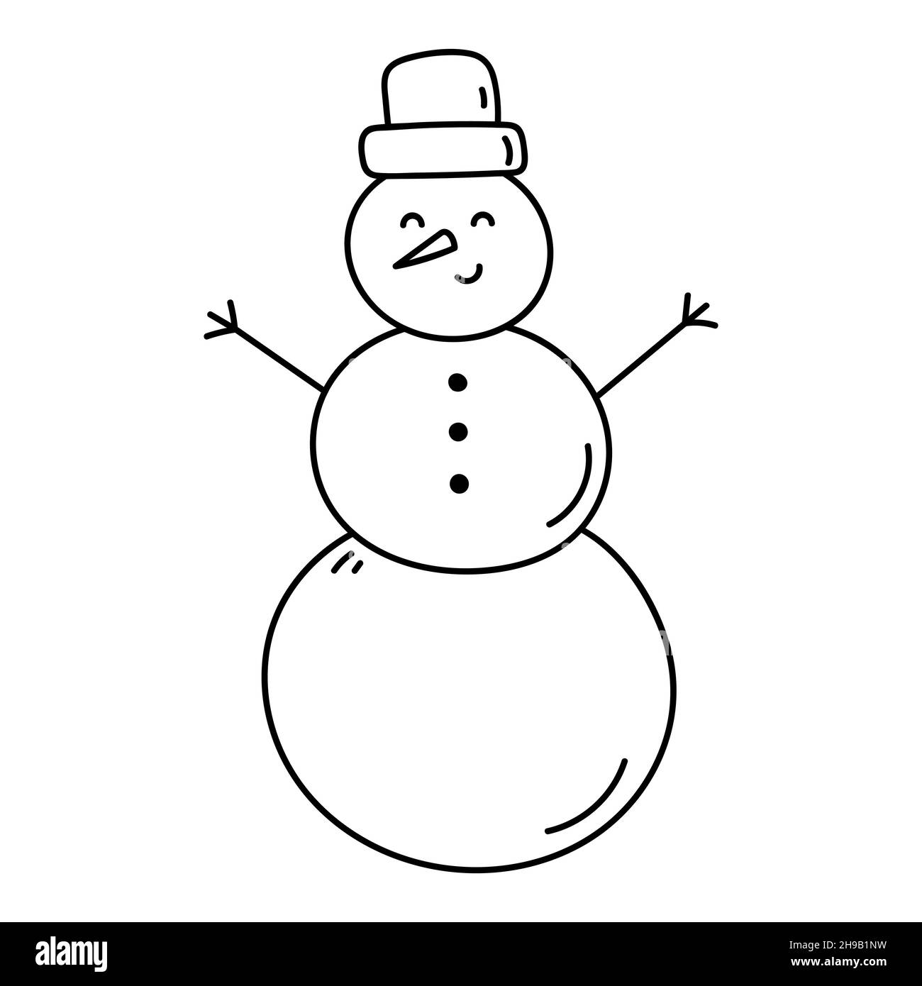 Cute smiling snowman in a hat isolated on white background. Vector hand ...