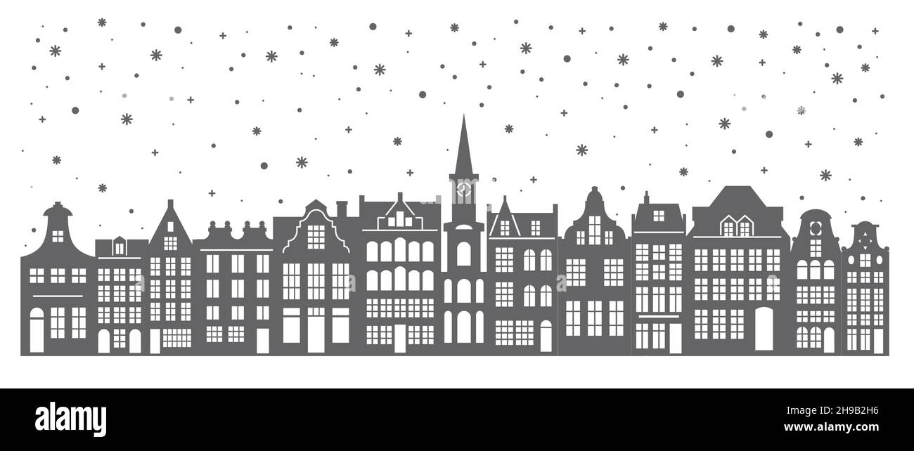 Silhouette of a row Amsterdam houses. Facades of European old buildings for Christmas decoration. Holland homes. Vector Stock Vector