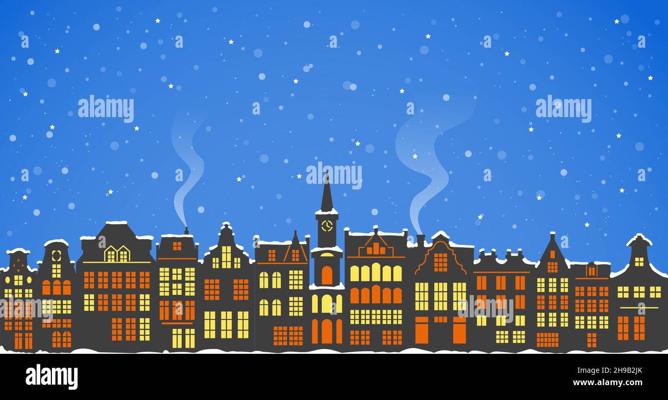 A silhouette of a number of houses in Amsterdam on a snowy night. Landscape of traditional dutch buildings in Netherlands for Christmas decor. Vector Stock Vector