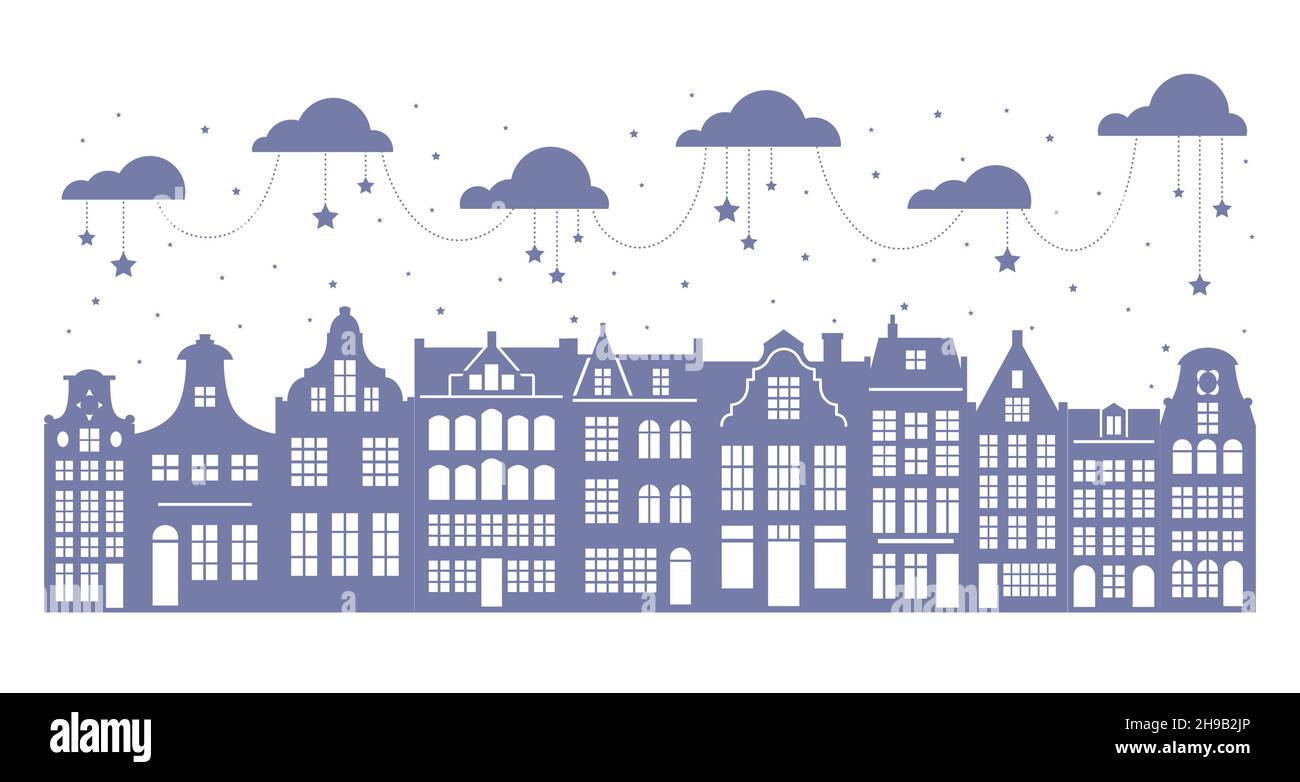 Silhouette of a row Amsterdam houses. Facades of European old buildings for Christmas decoration. Holland homes. Vector Stock Vector